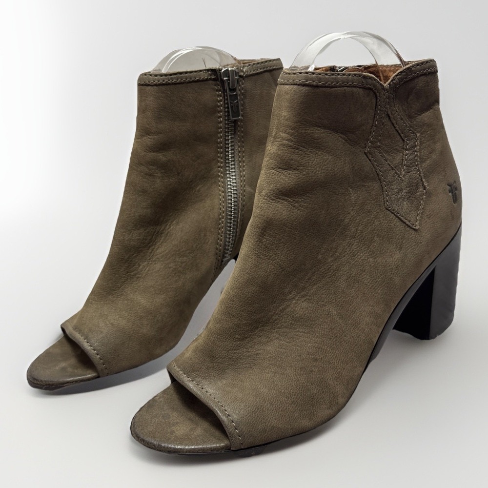 Frye Gray Leather Peep Toe Booties Danika 3478035 Heeled Ankle Boots Size 6.5 M - Picture 3 of 16